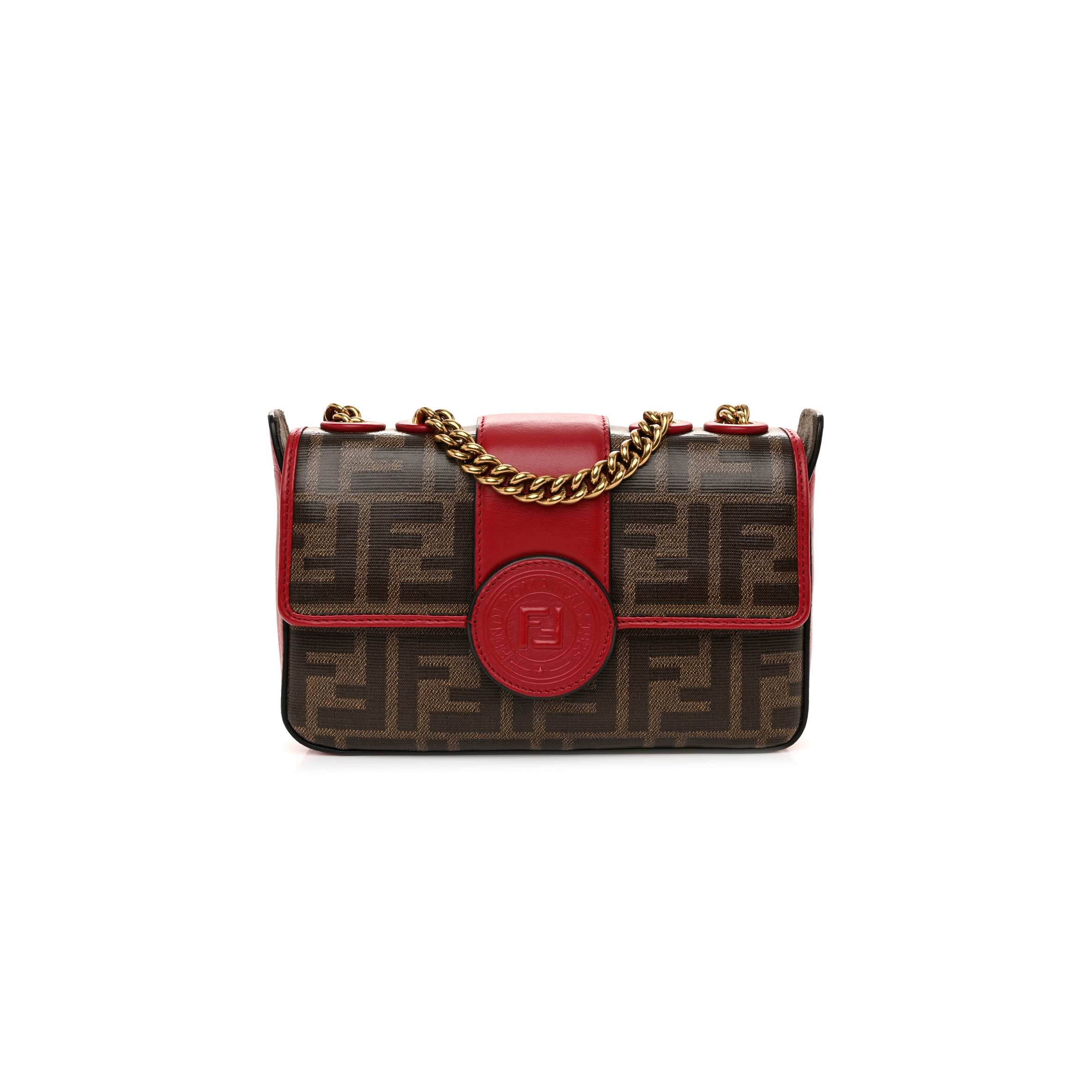 F**di glazed fabric vitello century ff 1974 stamp patch mini double f crossbody bag mogano panna fragola (19*13*4cm)